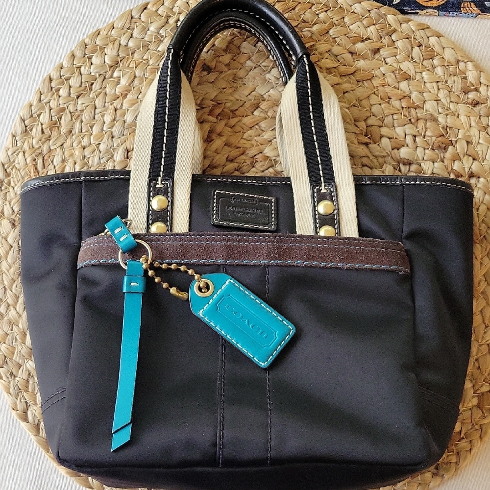 Coach Hampton Mini Nylon Shopper Tote Leather Dark Brown Leather Trim